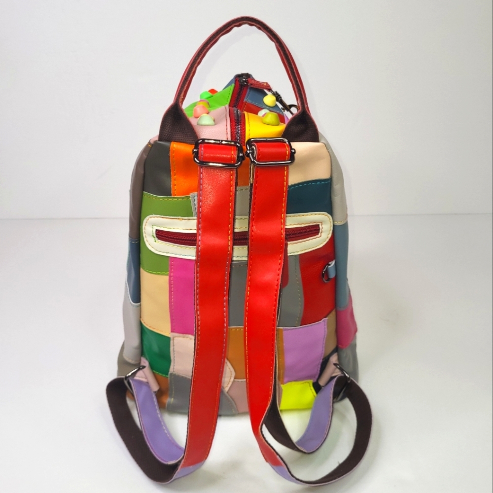 Colorful Leather Patchwork Backpack Purse - image 7